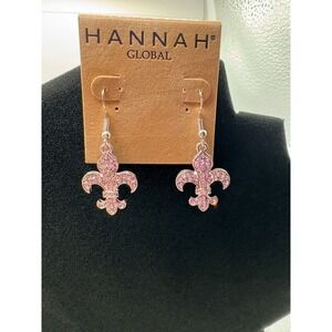 Hannah Global Fleur de Lis Earrings Silver Plated Pink Crystal Dangle Hook